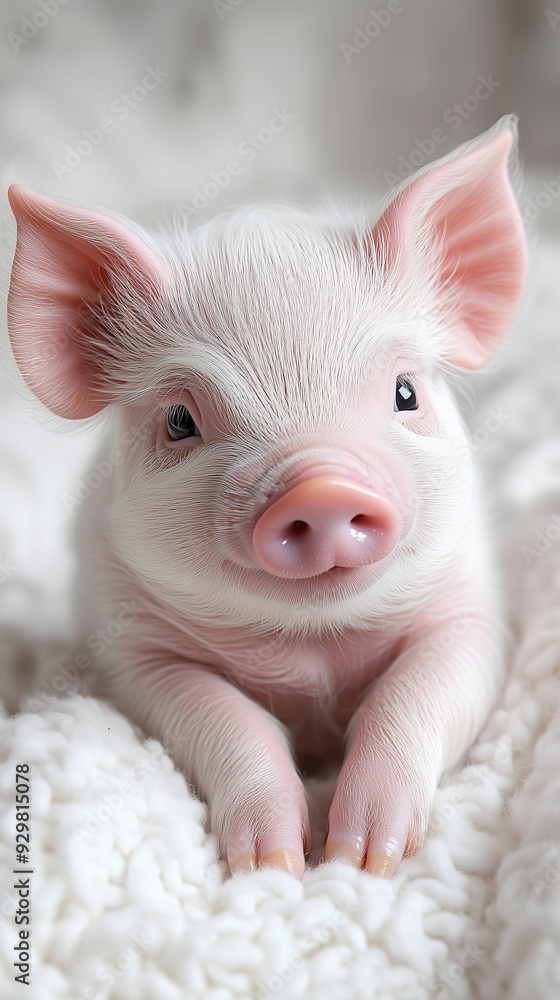 Close-up of a charming piglet resting on a soft, white blanket, showcasing its cute features and innocence. Close-up of a charming piglet resting on a soft, white blanket, showcasing its cute features and innocence.