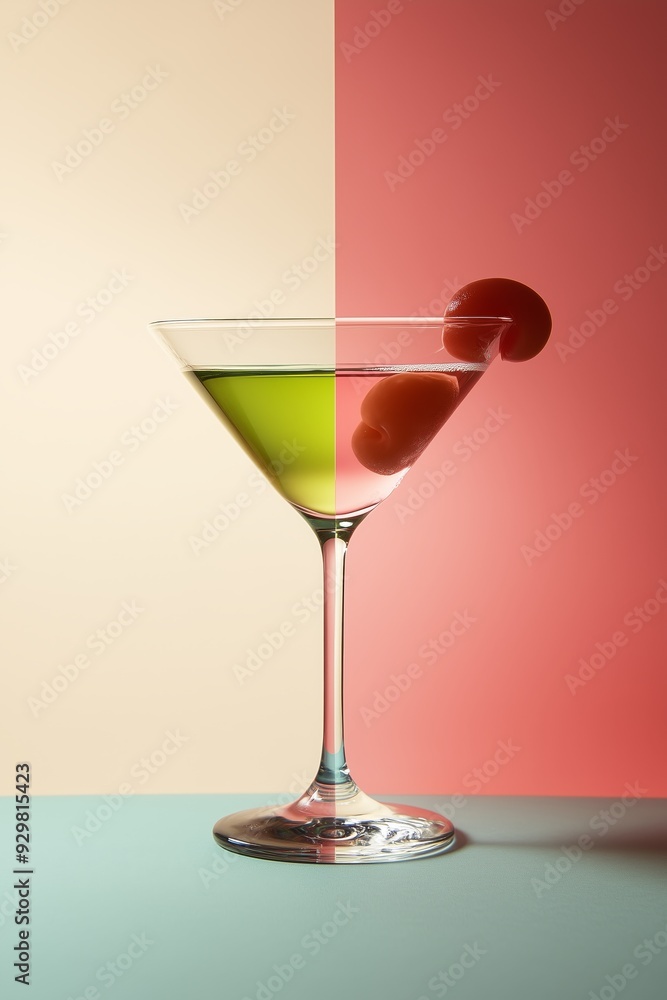A martini glass filled with a colorful beverage and cherry garnish, set against a vibrant two-tone background. A martini glass filled with a colorful beverage and cherry garnish, set against a vibrant two-tone background.