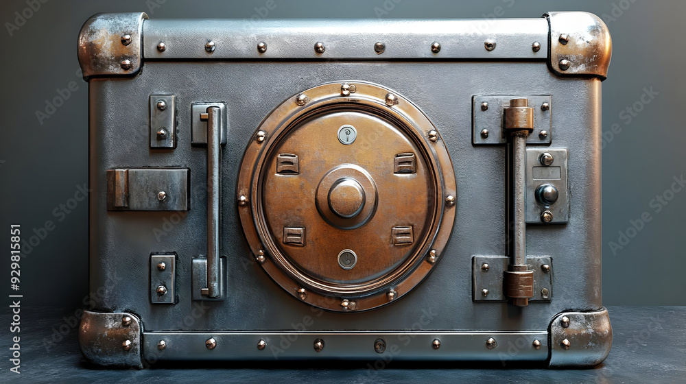 A metallic safe with a circular lock and riveted edges. A metallic safe with a circular lock and riveted edges.