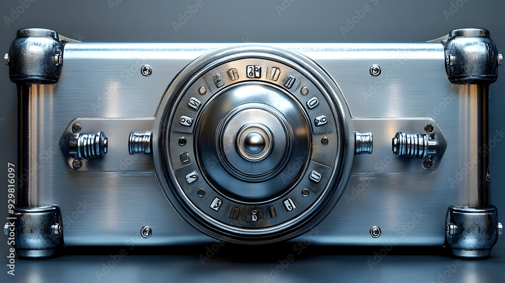 A metallic safe with a combination lock, designed for security. A metallic safe with a combination lock, designed for security.