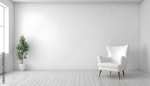 white chair on the empty room interior design with white wall background. photo