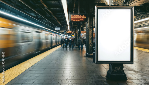 Blank billboard is standing on a subway station platform while a train is arriving and people are waiting