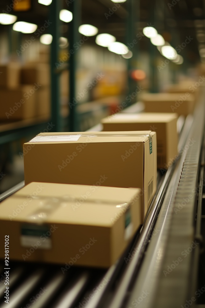 Cardboard boxes move along an automated conveyor belt in a warehouse or distribution center, illustrating efficient logistics and shipping. Cardboard boxes move along an automated conveyor belt in a warehouse or distribution center, illustrating efficient logistics and shipping.