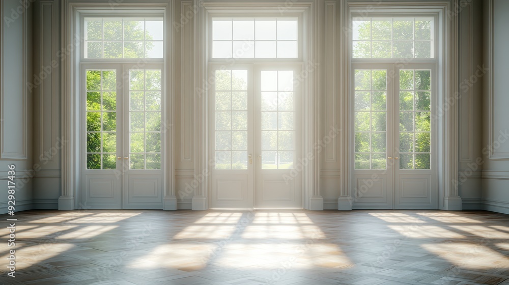 Obraz premium Sunlit Elegant Interior with Large French Windows Overlooking a Lush Green Garden, Featuring Classic White Walls and Parquet Flooring, Perfect for Modern Home Design Inspiration and Architectural