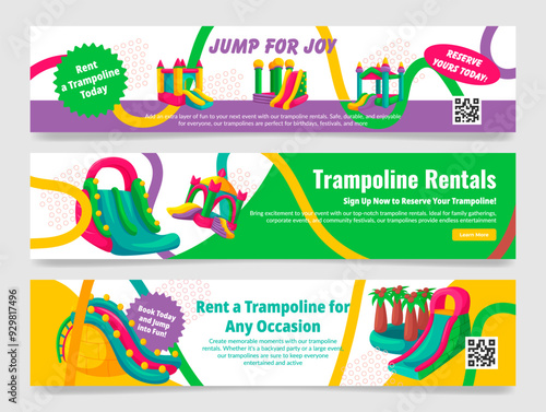 Trampoline rent jump joy advertising banner design template set isometric vector illustration