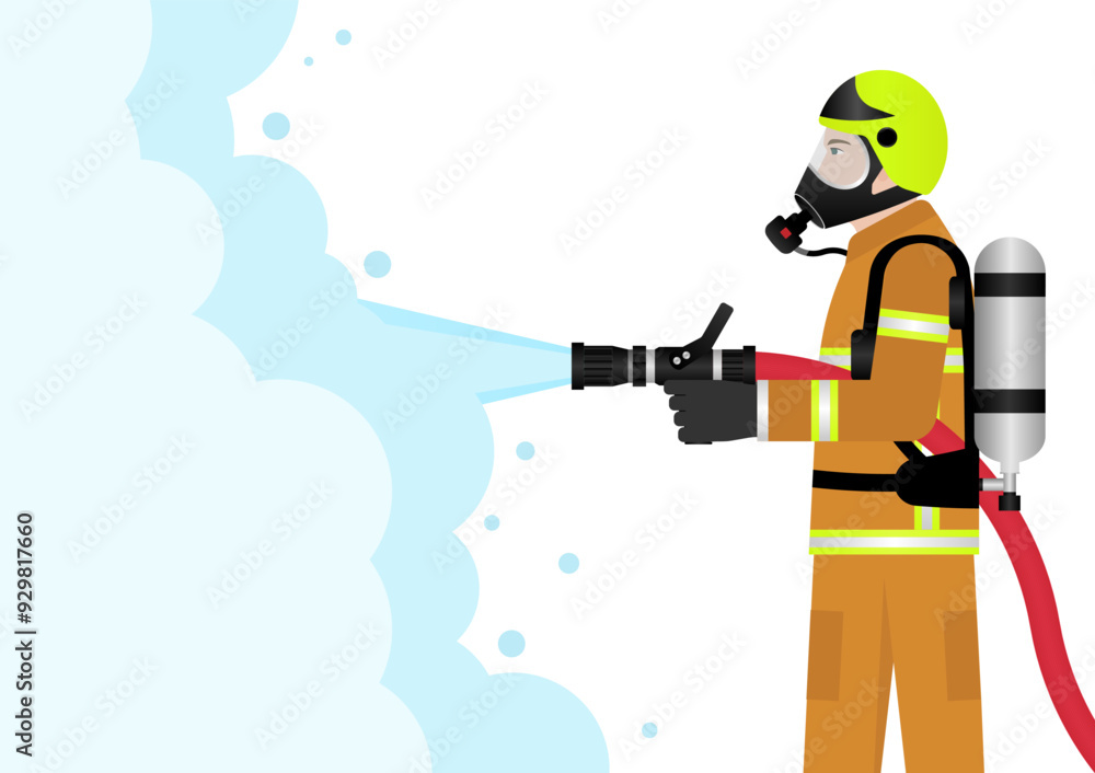 Fototapeta premium Firefighter Spraying Water to Extinguish Fire Flame. Vector Illustration. 