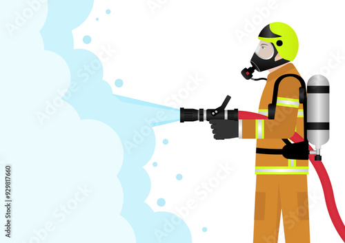 Firefighter Spraying Water to Extinguish Fire Flame. Vector Illustration. 