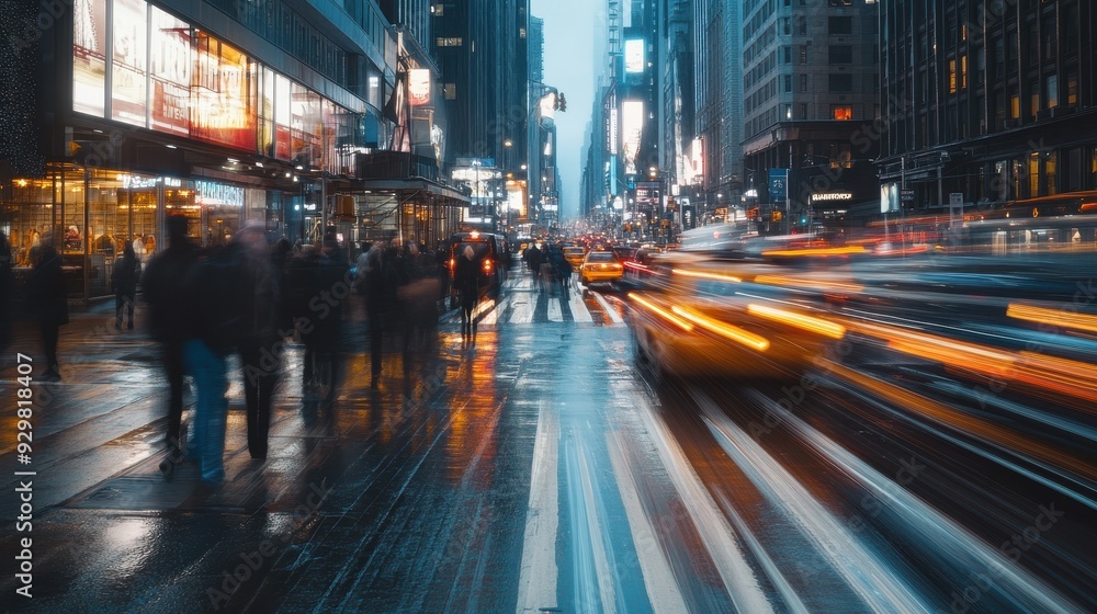 Obraz premium Cityscape at Night with Blurred Lights and Traffic in the Rain.