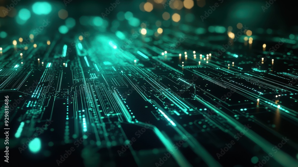 Abstract Futuristic Technology Background - Green Circuit Board with Glowing Lines and Bokeh Lights. Abstract Futuristic Technology Background - Green Circuit Board with Glowing Lines and Bokeh Lights.