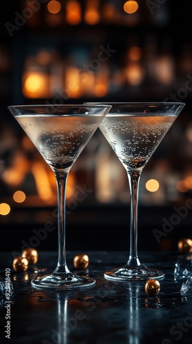 Wallpaper Mural Two elegant cocktail glasses on a bar counter with bokeh lights in the background, suggesting a night out. Torontodigital.ca