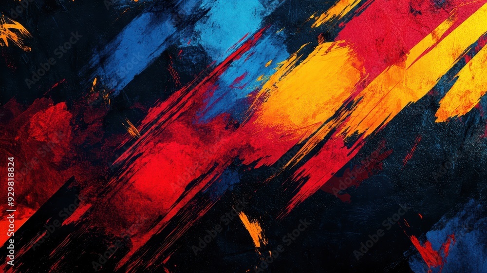 Fototapeta premium Abstract Red, Yellow, and Blue Paint Strokes on Black Background - Artistic Texture