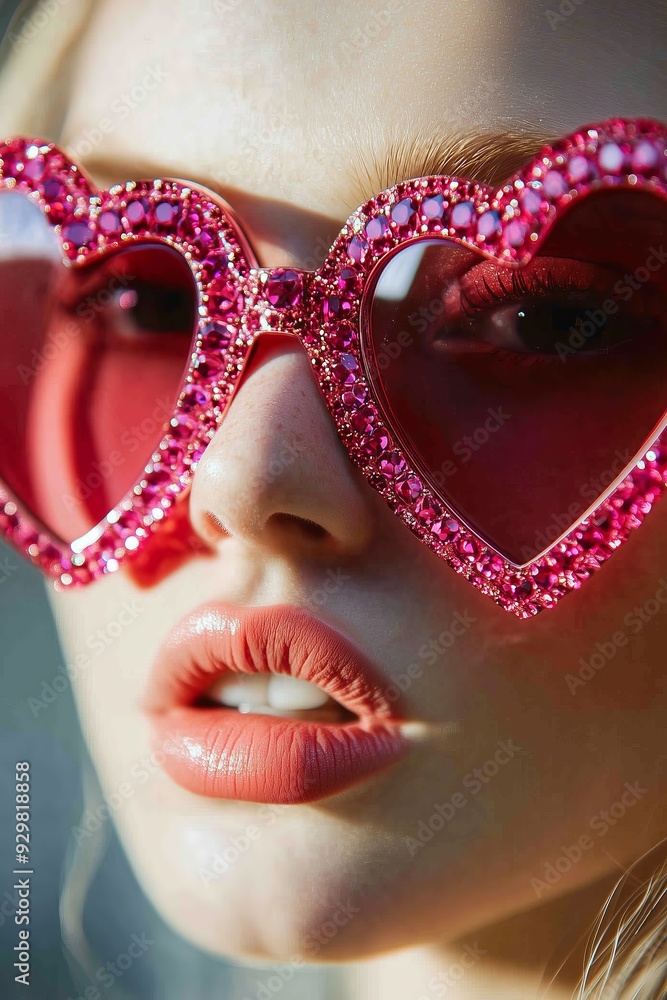 Detailed close-up of a person wearing glittering pink heart-shaped sunglasses with vibrant makeup and glossy lips. Detailed close-up of a person wearing glittering pink heart-shaped sunglasses with vibrant makeup and glossy lips.