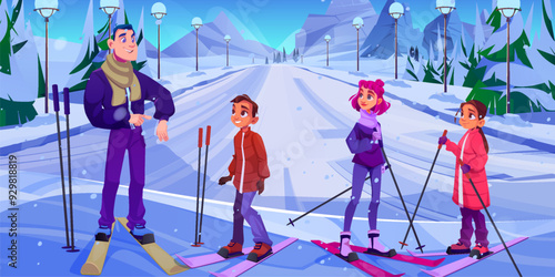 Skiing instructor training children in winter mountains. Vector cartoon illustration of male teacher and group of teenagers at ski resort, outdoor sports activity, white snowy landscape with forest