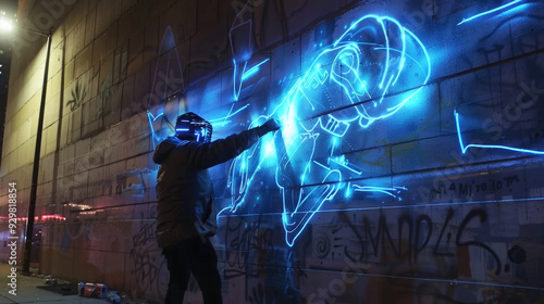 Neon Light Graffiti Artist Creating Futuristic Street Art on Urban Wall at Night