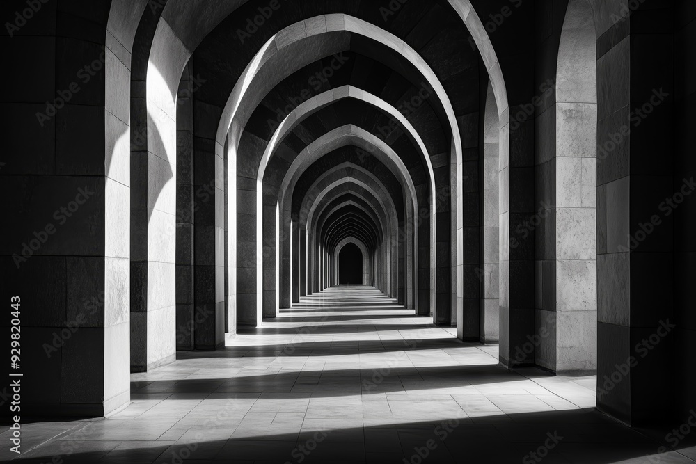 Black and white symmetrical corridor of architectural arches with dramatic shadows, creating a minimalist and geometric visual effect. Black and white symmetrical corridor of architectural arches with dramatic shadows, creating a minimalist and geometric visual effect.