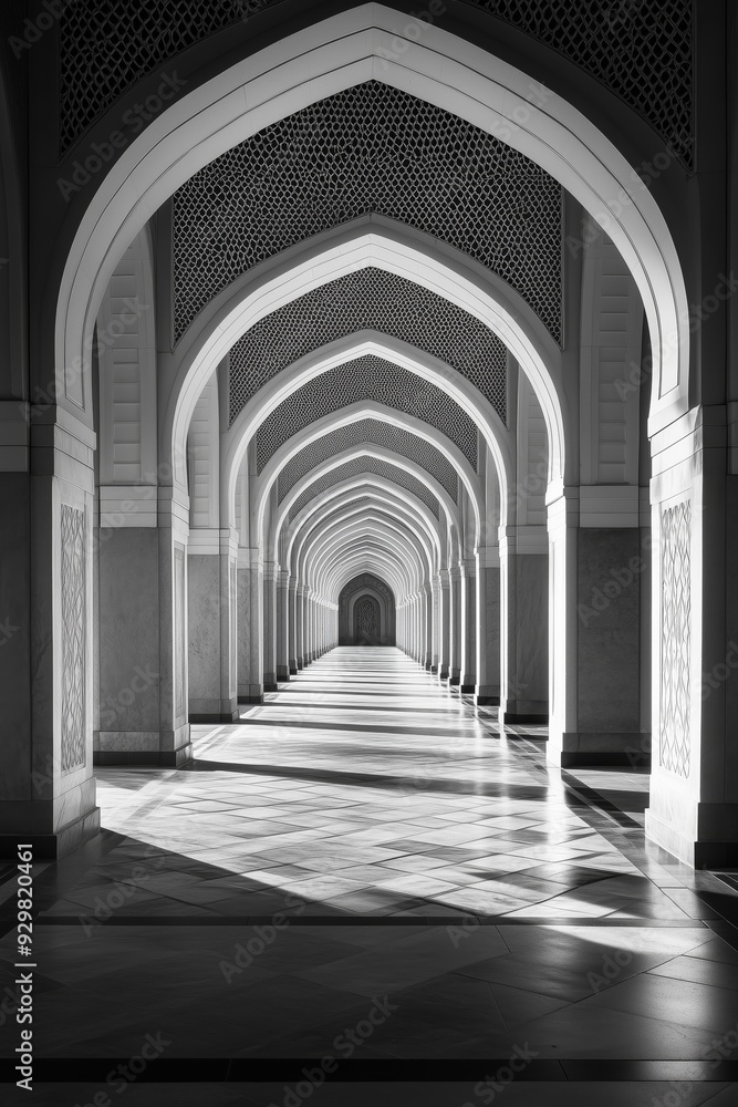Obraz premium A beautifully lit, repetitive archway showcasing intricate Islamic architecture with patterns and sunlight casting dramatic shadows.