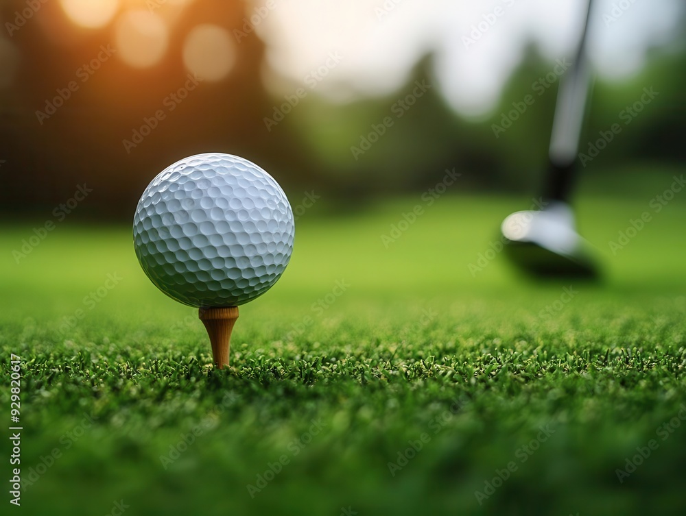 closeup of pristine white golf ball on wooden tee with blurred golf club in background closeup of pristine white golf ball on wooden tee with blurred golf club in background