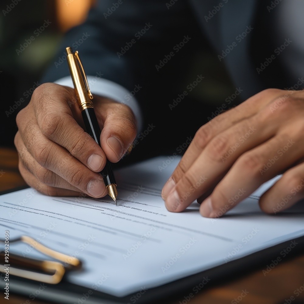 Closeup of Hand Signing a Document with a Gold Pen. Closeup of Hand Signing a Document with a Gold Pen.