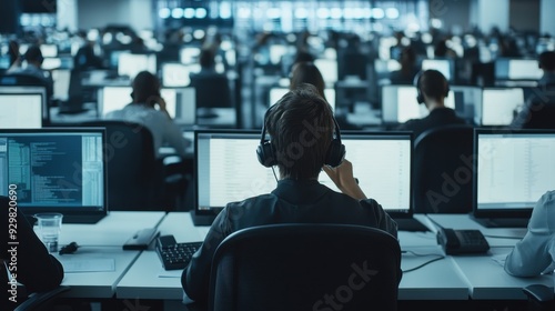 Back View of Businessperson Working at a Computer in a Call Center.
