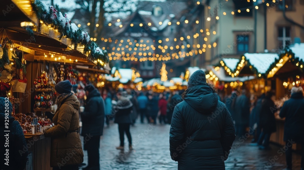 Man Walking Through Festive Christmas Market With Warm Lights and Decorations. Man Walking Through Festive Christmas Market With Warm Lights and Decorations.