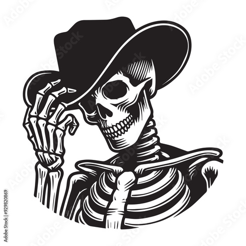Skeleton cowboy silhouette, Skeleton cowboy Tip of the Hat Illustration in black and white
