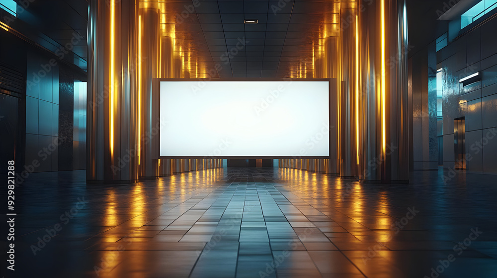 A modern hallway with a blank advertising screen and illuminated walls. A modern hallway with a blank advertising screen and illuminated walls.