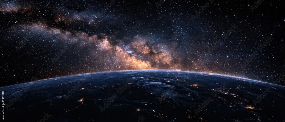 Obraz premium Earth from Space with Milky Way Galaxy and City Lights at Night.