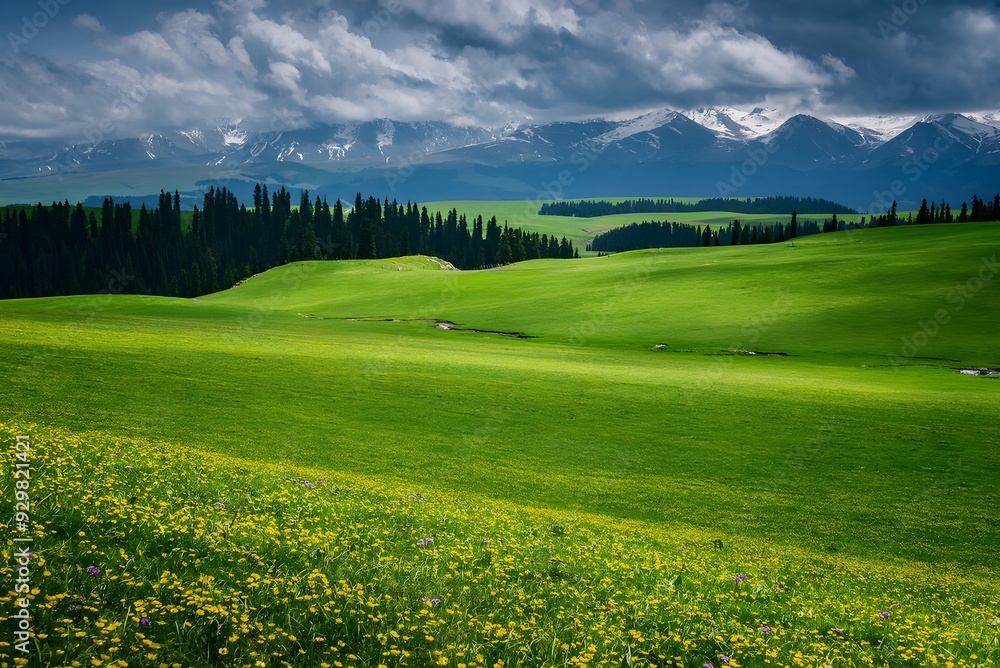 Obraz premium Lush green meadows with mountain backdrop.