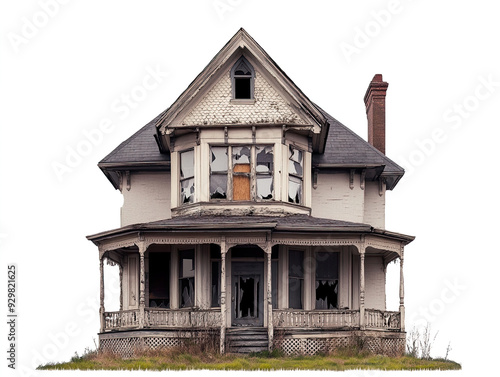 Rustic wooden structure with weathering and decay on white background.