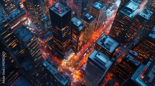 Aerial View of Cityscape with Snow-Covered Buildings and Traffic at Night.