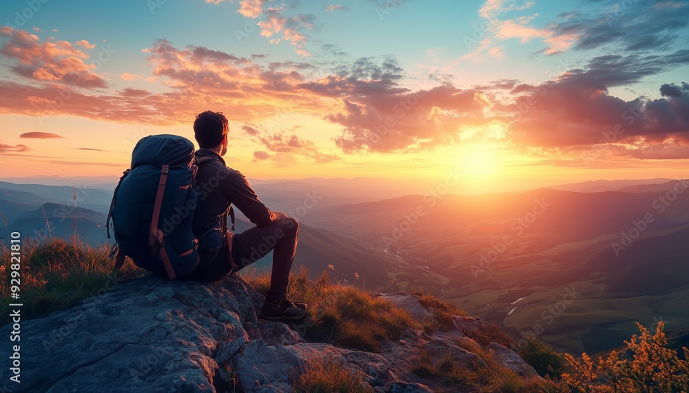 Obraz premium A hiker sits on a mountainside, watching the sun set over a picturesque valley in peaceful solitude.