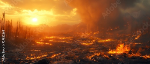 A dramatic landscape engulfed in fire and smoke, with a fiery glow illuminating the desolate terrain under a striking sunset