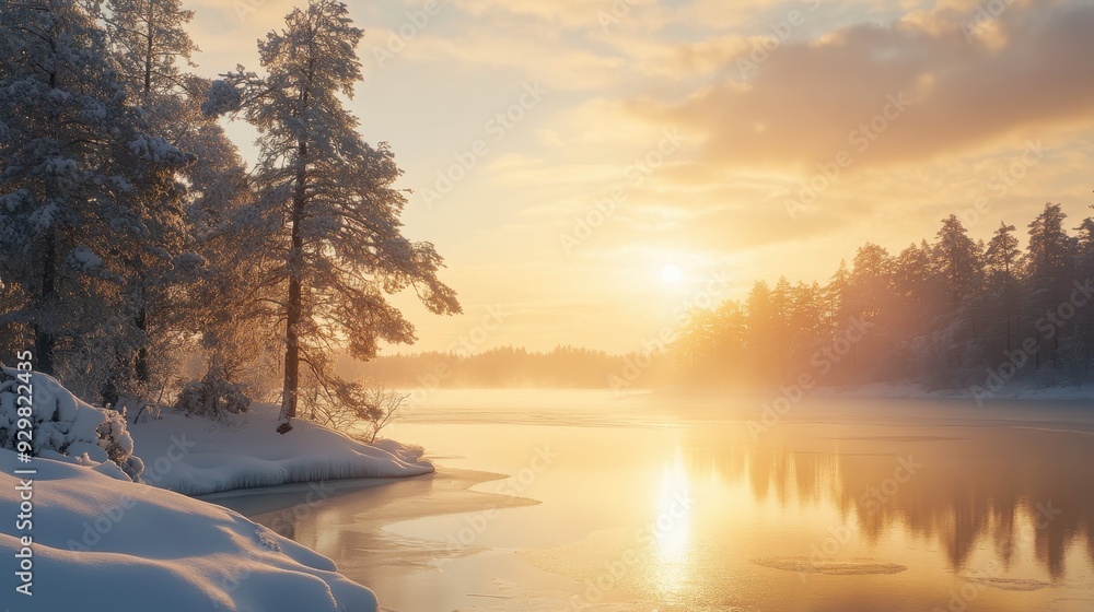 Stunning Winter Sunset Landscape with Frozen Lake and Snow-Covered Trees. Stunning Winter Sunset Landscape with Frozen Lake and Snow-Covered Trees.