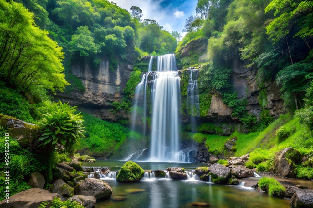 Crystal-clear water cascades over mossy rocks, forming a breathtaking waterfall amidst lush green rainforest Crystal-clear water cascades over mossy rocks, forming a breathtaking waterfall amidst lush green rainforest