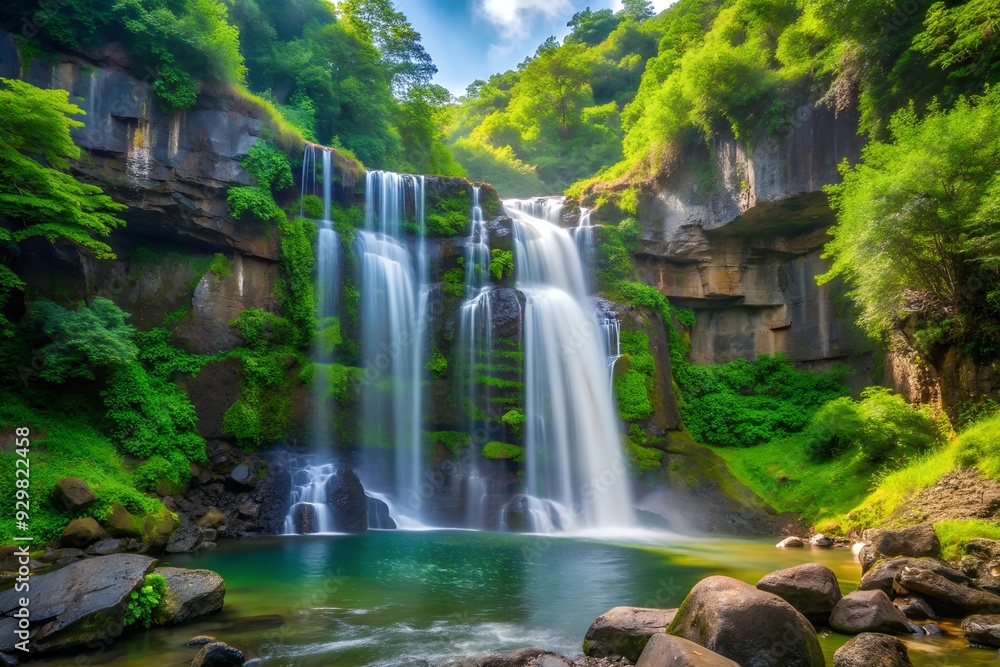 Crystal-clear water cascades over mossy rocks, forming a breathtaking waterfall amidst lush green rainforest Crystal-clear water cascades over mossy rocks, forming a breathtaking waterfall amidst lush green rainforest