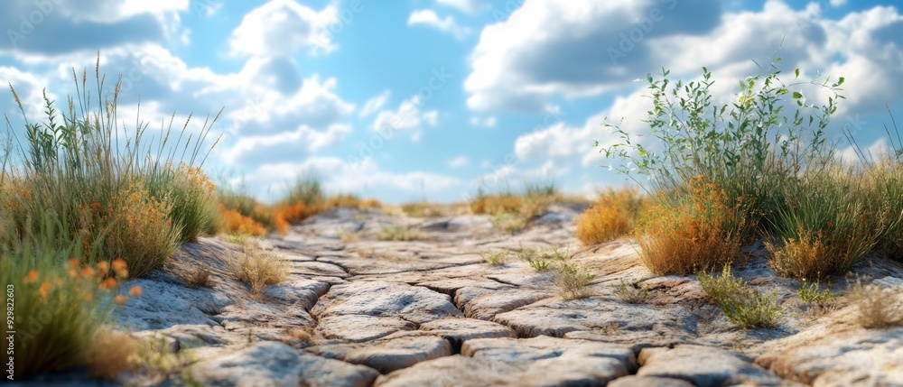 A dry, cracked landscape with sparse vegetation under a bright blue sky dotted with fluffy clouds, evoking a sense of desolation and resilience in nature A dry, cracked landscape with sparse vegetation under a bright blue sky dotted with fluffy clouds, evoking a sense of desolation and resilience in nature