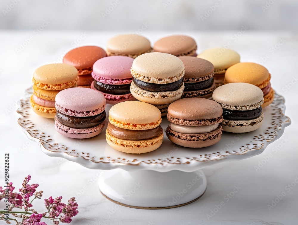 Fototapeta premium Assorted Colorful Macarons on Elegant Cake Stand 