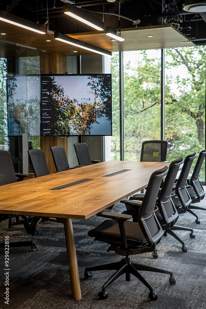 A conference room setup for ad campaign strategy planning with large screens, marketing research, and creative concept boards A conference room setup for ad campaign strategy planning with large screens, marketing research, and creative concept boards