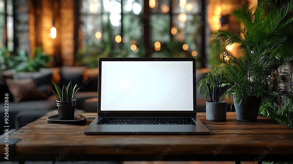 A modern workspace with a laptop and decorative plants. A modern workspace with a laptop and decorative plants.