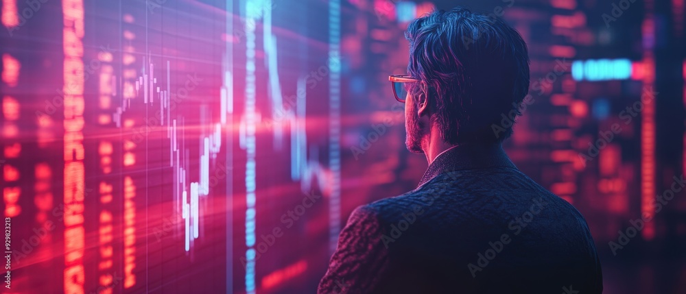 A person in a dark suit observes a colorful digital stock market display filled with graphs and data, embodying the essence of financial analysis and technology A person in a dark suit observes a colorful digital stock market display filled with graphs and data, embodying the essence of financial analysis and technology