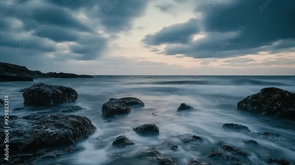 Dramatic Ocean Landscape with Cloudy Sky and Rocks, Long Exposure Photography. Dramatic Ocean Landscape with Cloudy Sky and Rocks, Long Exposure Photography.
