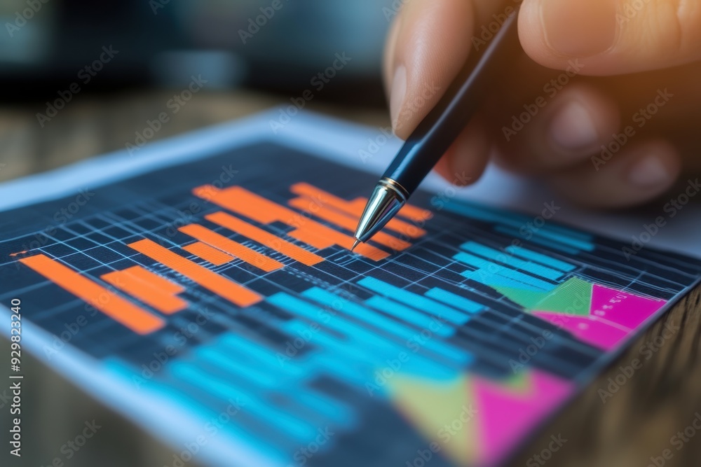 A person holds a pen, analyzing a colorful data chart with bars and graphs, emphasizing a financial or statistical analysis process A person holds a pen, analyzing a colorful data chart with bars and graphs, emphasizing a financial or statistical analysis process