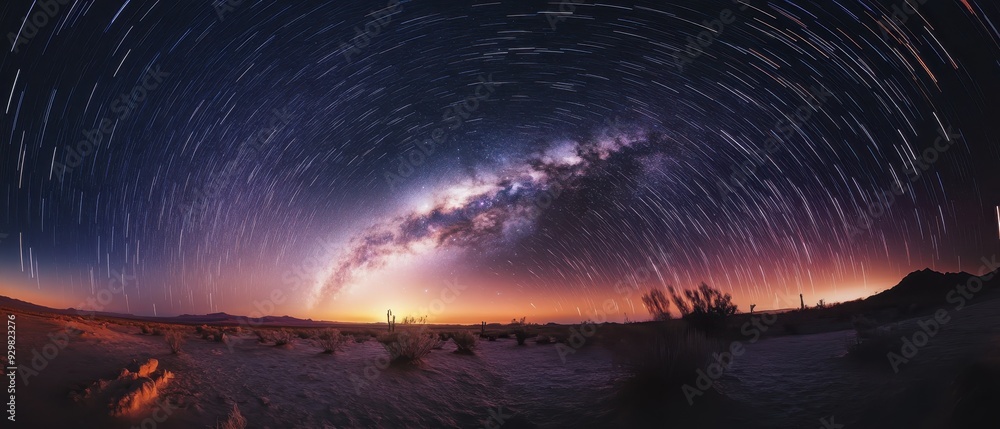 Milky Way and Star Trails over Desert Landscape at Night. Milky Way and Star Trails over Desert Landscape at Night.