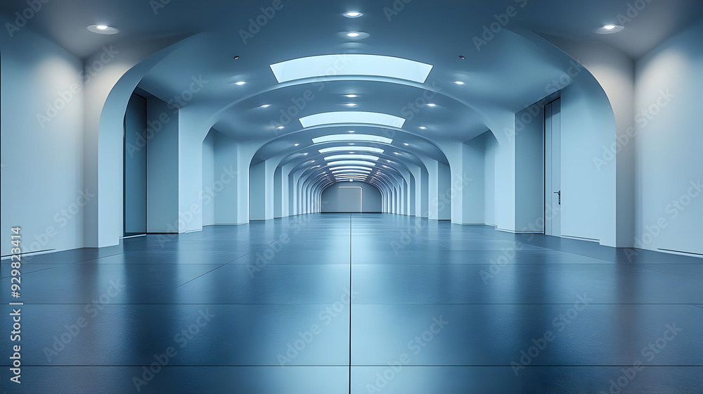 A modern, spacious corridor with arched ceilings and soft lighting. A modern, spacious corridor with arched ceilings and soft lighting.