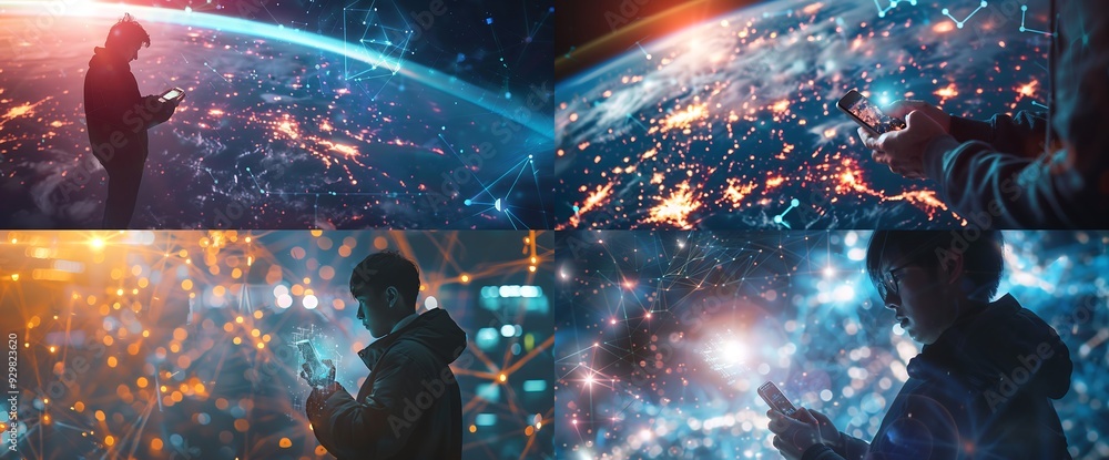 Silhouette of a young man using a smartphone with a background of glowing lights, lines, and the Earth. Silhouette of a young man using a smartphone with a background of glowing lights, lines, and the Earth.