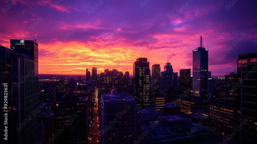 Fototapeta premium Cityscape at Sunset with Vibrant Purple and Orange Sky.