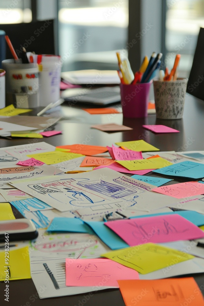 A creative brainstorming session with post-it notes, marketing data, and campaign sketches spread across a table A creative brainstorming session with post-it notes, marketing data, and campaign sketches spread across a table