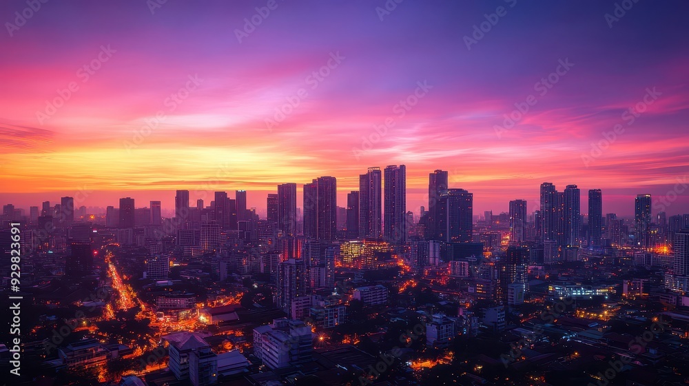 Obraz premium Breathtaking City Skyline at Sunset with Dramatic Pink and Orange Sky.
