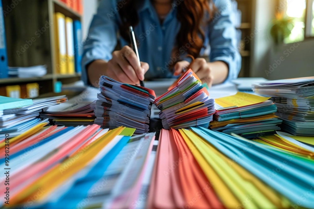 Obraz premium Office Clerk Overwhelmed by Piles of Tax Files and Accounting Documents