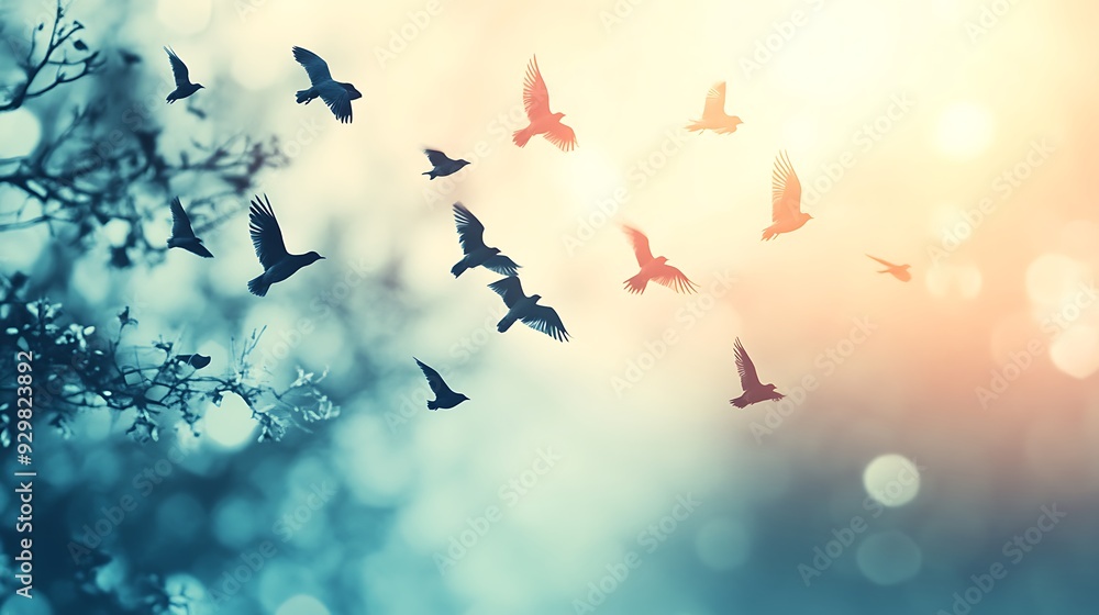 Silhouette of birds flying in the sky with a blurred background of trees and a sun-kissed sky. Silhouette of birds flying in the sky with a blurred background of trees and a sun-kissed sky.